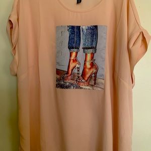 3x pink top, bedazzled pic with lady in heels.